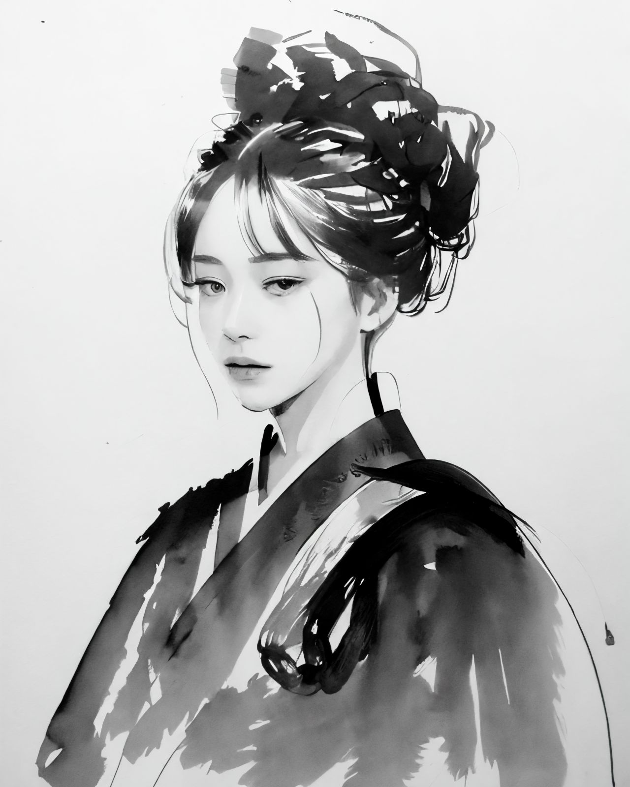 <lora:zyd232_InkStyle_v1_0:1.2> zydink, monochrome, ink sketch, face focus, 1girl, looking at viewer, updo, hanfu, chinese...